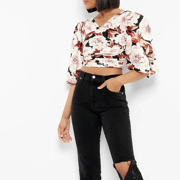 Express Floral Print Linen Blend Ruched Cropped Top NWT - Picture 14 of 16